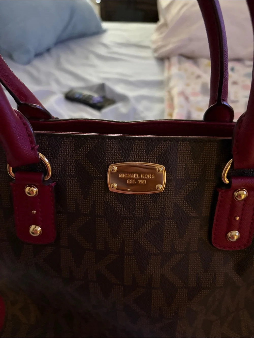 Michael Kors Brown Signature Tote with Red Leather Trim